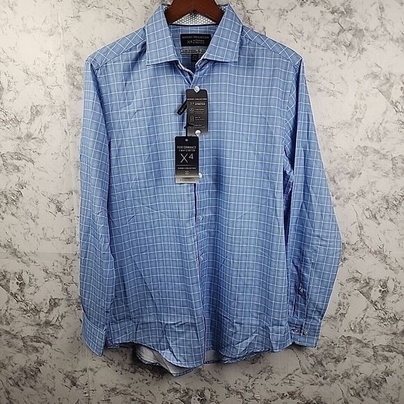 Report Collection Light Blue Plaid Shirt X4 Stretch Long Sleeve Size M 33-34 - Picture 2 of 10